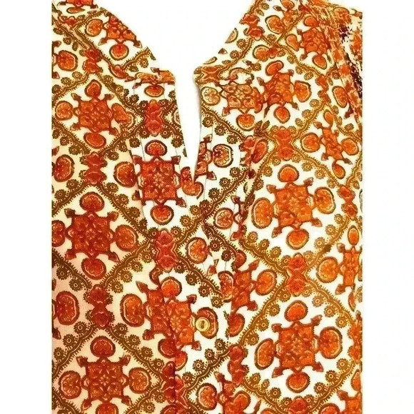 Soft Surroundings Paysan Medallion Boho Tunic Top sz L Roll-Tab Sleeve Orange - Picture 4 of 9